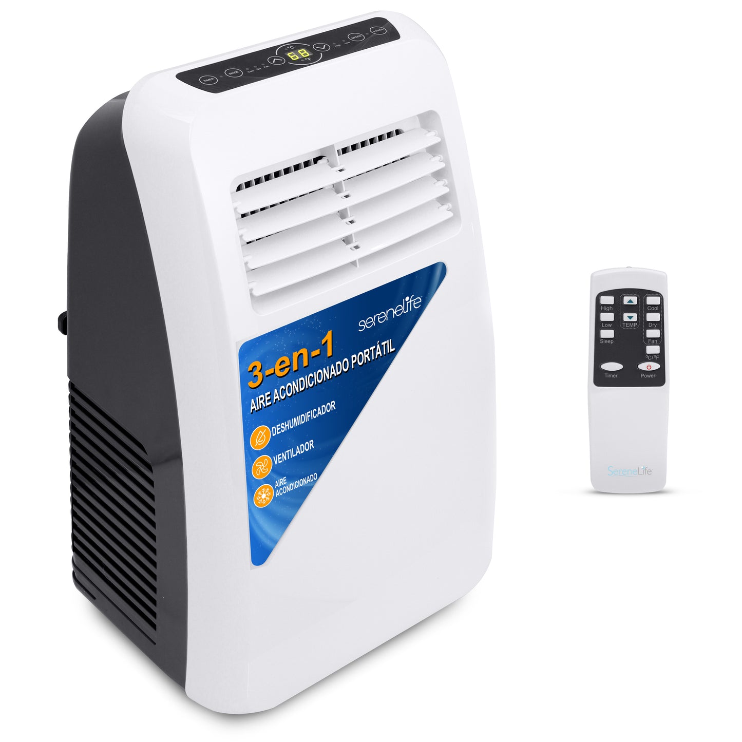 SereneLife Aire Acondicionado Portátil 8000 BTU con Deshumidificador para Espacios de hasta 30 m2 Incluye Control Remoto y Kit de Montaje.