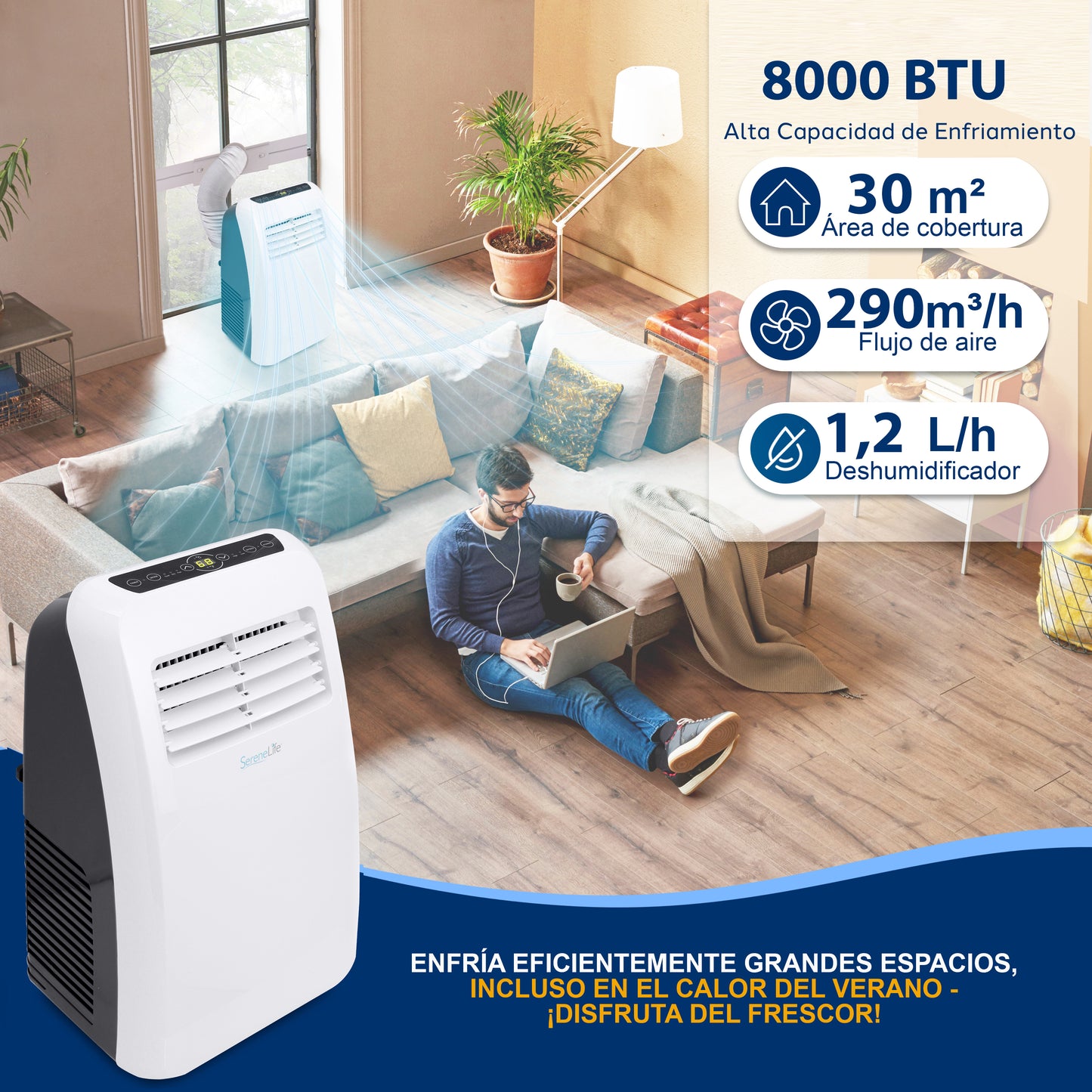 SereneLife Aire Acondicionado Portátil 8000 BTU con Deshumidificador para Espacios de hasta 30 m2 Incluye Control Remoto y Kit de Montaje.