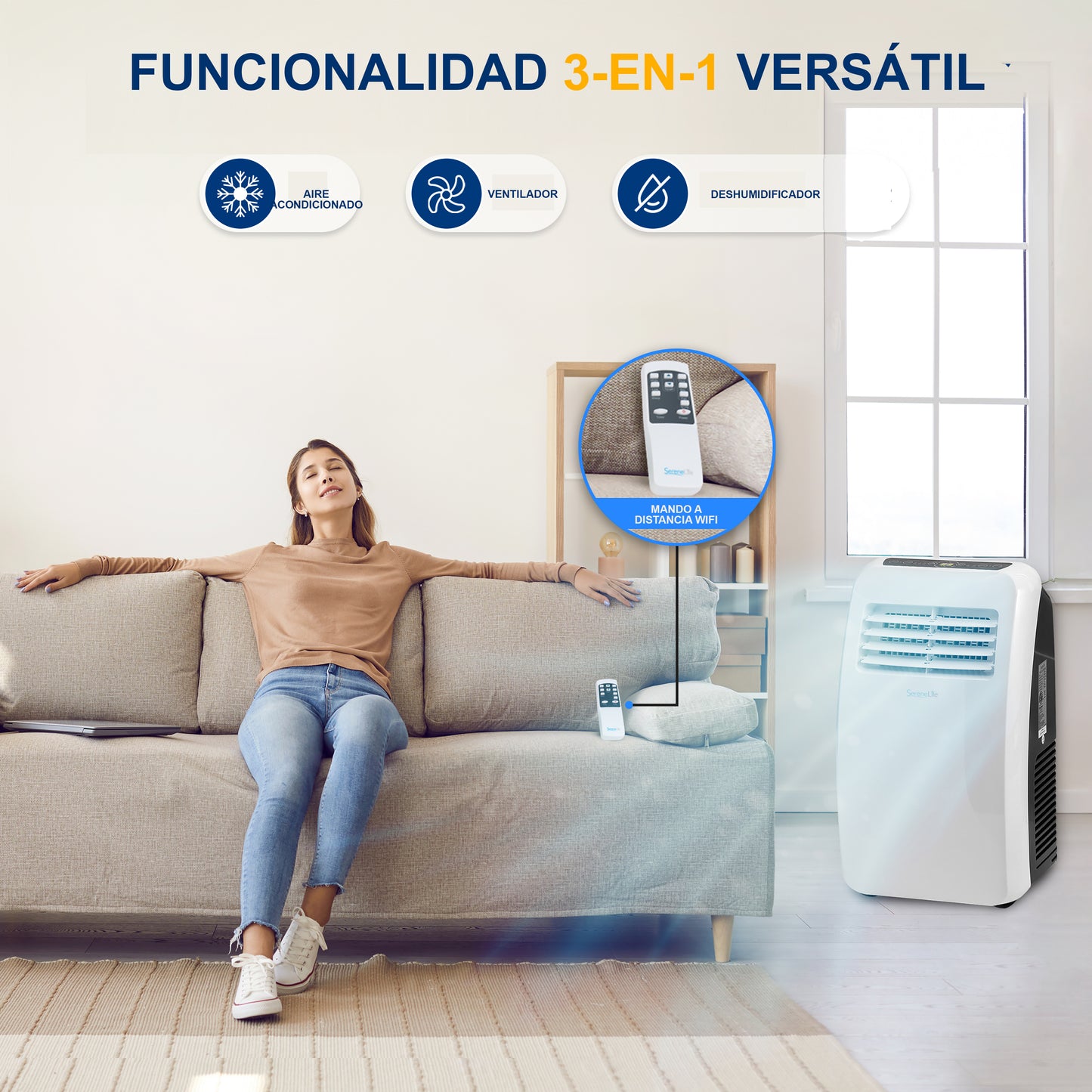 SereneLife Aire Acondicionado Portátil 8000 BTU con Deshumidificador para Espacios de hasta 30 m2 Incluye Control Remoto y Kit de Montaje.