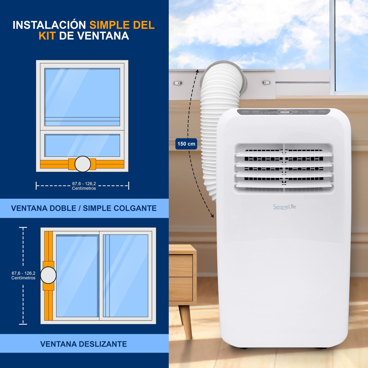 SereneLife Aire Acondicionado Portátil 8000 BTU con Deshumidificador para Espacios de hasta 30 m2 Incluye Control Remoto y Kit de Montaje.