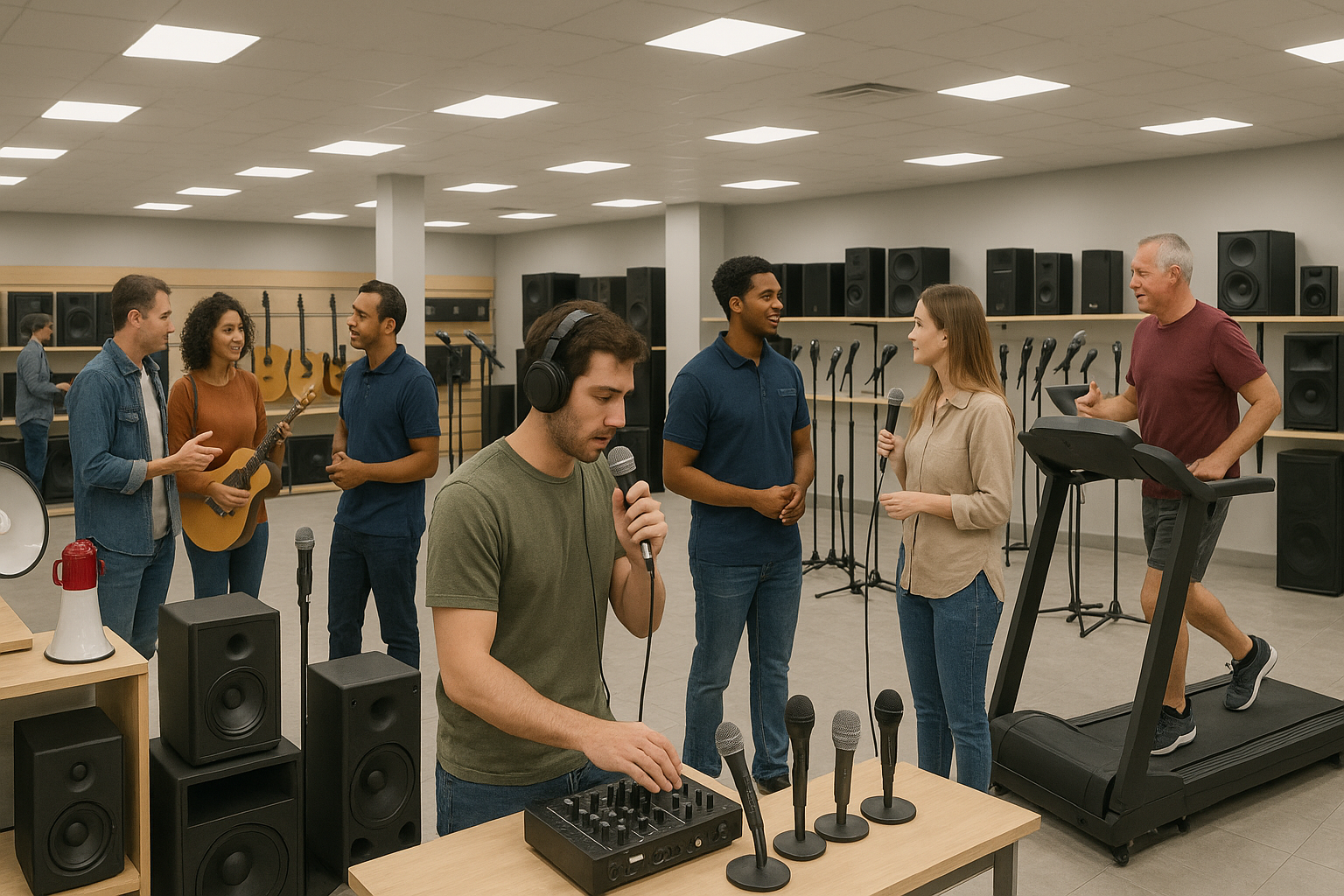 esta bien, pero los aires acondicionados quitalos, coloca tambien, micrófonos, bocinas de distintos tamaños, soportes de micrófonos, y hazlo mas amplio